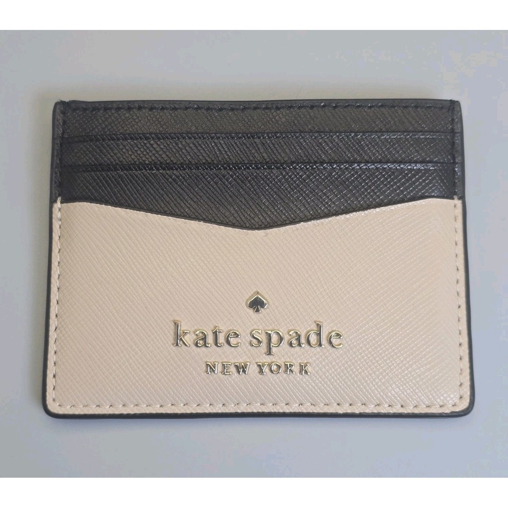 Kate Spade Staci Slim Card Holder Beige Black Colorblock Saffiano Leather - Picture 3 of 7